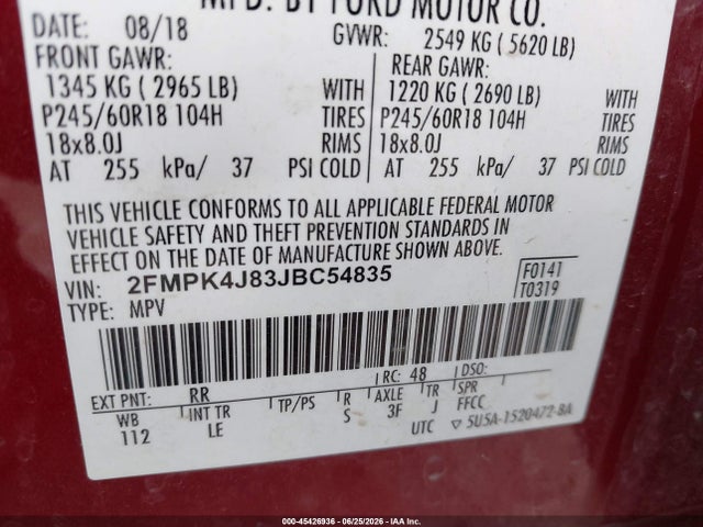 2018 Ford Edge Sel მანქანა იყიდება აუქციონზე, vin: 2FMPK4J83JBC54835, აუქციონის ნომერი: 45426936