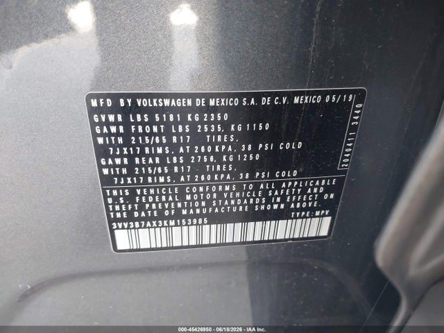 3VV3B7AX3KM153985 Volkswagen Tiguan 2.0t Se/2.0t Sel/2.0t Sel R-line/2.0t Sel R-line Black