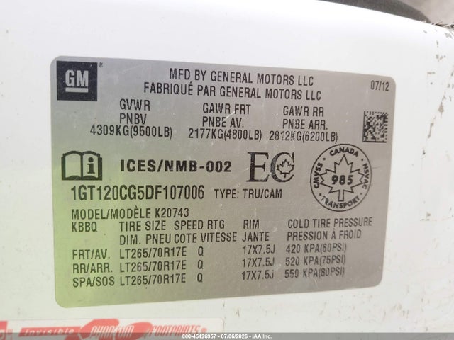45426957 :رقم المزاد ، 1GT120CG5DF107006 vin ، 2013 Gmc Sierra 2500hd Sle مزاد بيع