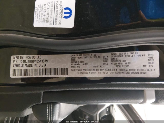 45426967 :رقم المزاد ، 1C4RJKBG9N8543379 vin ، 2022 Jeep Grand Cherokee L Limited 4x4 مزاد بيع