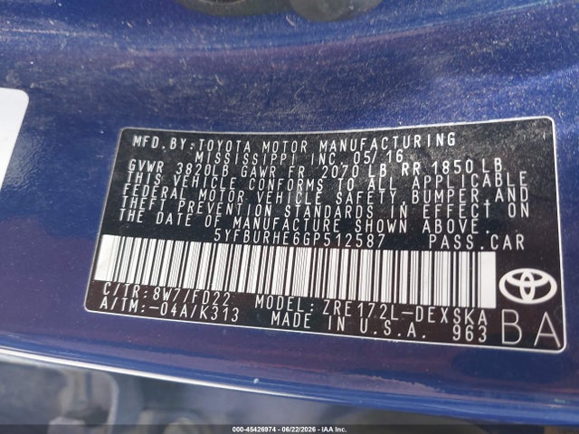 45426974 :رقم المزاد ، 5YFBURHE6GP512587 vin ، 2016 Toyota Corolla S Plus مزاد بيع