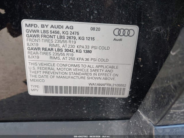 Продажа на аукционе авто 2020 Audi Q5 Premium 45 Tfsi Quattro S Tronic, vin: WA1ANAFY9L2105552, номер лота: 45427002