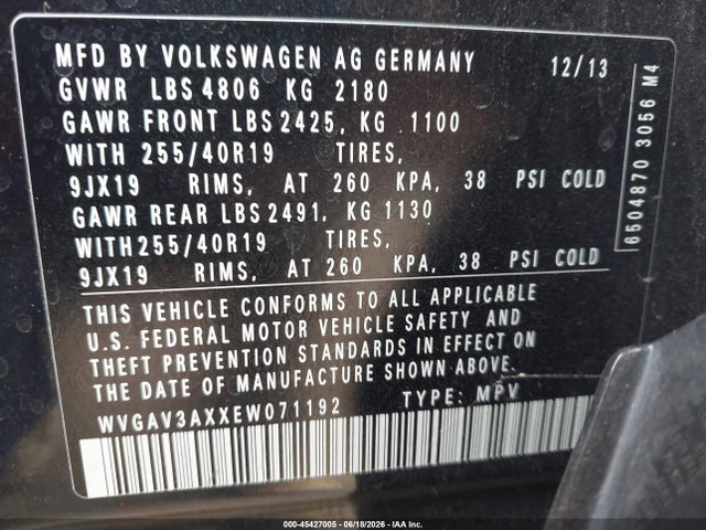 Auction sale of the 2014 Volkswagen Tiguan R-line, vin: WVGAV3AXXEW071192, lot number: 45427005