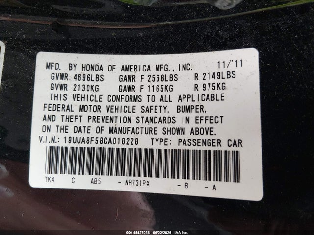 2012 Acura Tl 3.5 მანქანა იყიდება აუქციონზე, vin: 19UUA8F58CA018228, აუქციონის ნომერი: 45427036