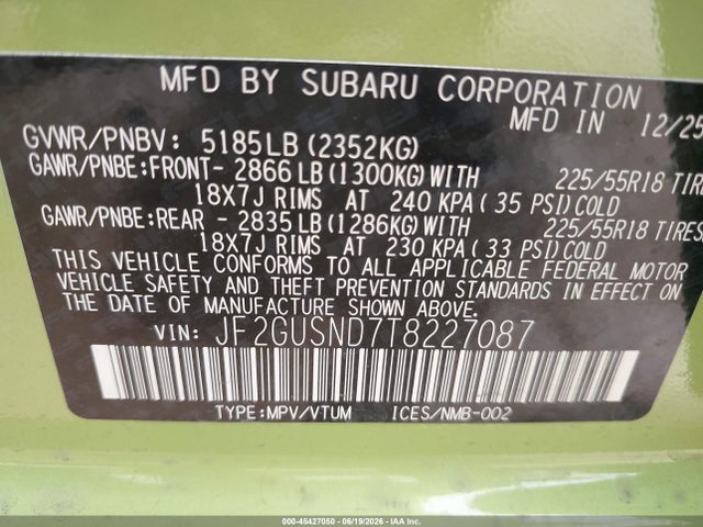 2026 Subaru Crosstrek Limited მანქანა იყიდება აუქციონზე, vin: JF2GUSND7T8227087, აუქციონის ნომერი: 45427050