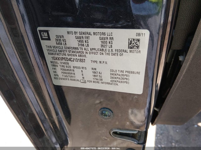 Aukcja sprzedaży 2012 Gmc Acadia Sle, vin: 1GKKVPED4CJ131837, numer aukcji: 45427070