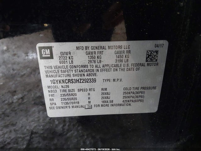 45427073 :رقم المزاد ، 1GYKNCRS3HZ292339 vin ، 2017 Cadillac Xt5 Premium Luxury مزاد بيع