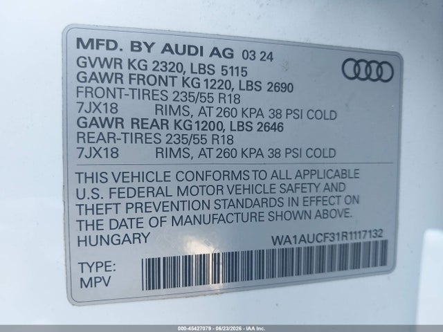 45427079 :رقم المزاد ، WA1AUCF31R1117132 vin ، 2024 Audi Q3 Premium 40 Tfsi Quattro Tiptronic مزاد بيع