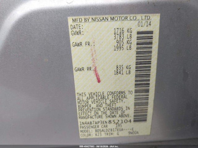 1N4AB7AP3EN852104 Nissan Sentra Fe+ S/fe+ Sv/s/sl/sr/sv