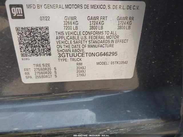 45427088 :رقم المزاد ، 3GTUUCET0NG646295 vin ، 2022 Gmc Sierra 1500 4wd  Short Box Elevation مزاد بيع