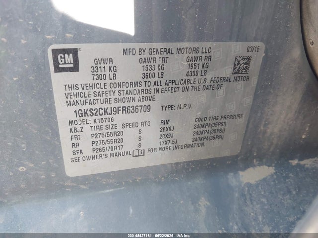 2015 Gmc Yukon Denali მანქანა იყიდება აუქციონზე, vin: 1GKS2CKJ9FR636709, აუქციონის ნომერი: 45427161