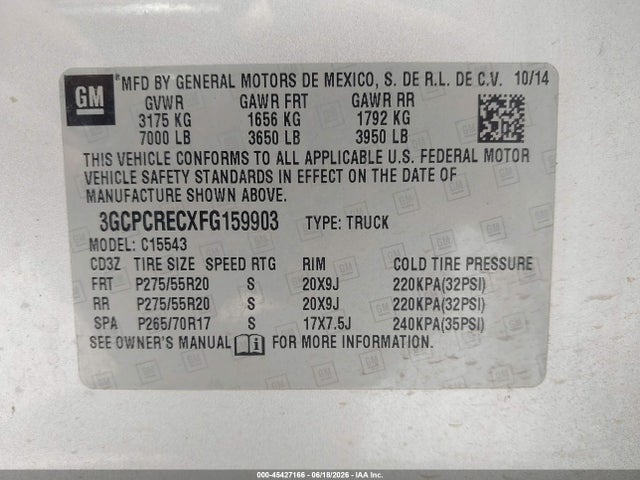 Продажа на аукционе авто 2015 Chevrolet Silverado 1500 1lt, vin: 3GCPCRECXFG159903, номер лота: 45427166
