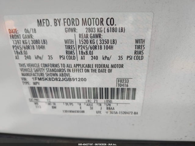 Ford EXPLORER XLT 2018 1FM5K8D82JGB91200 Image 9