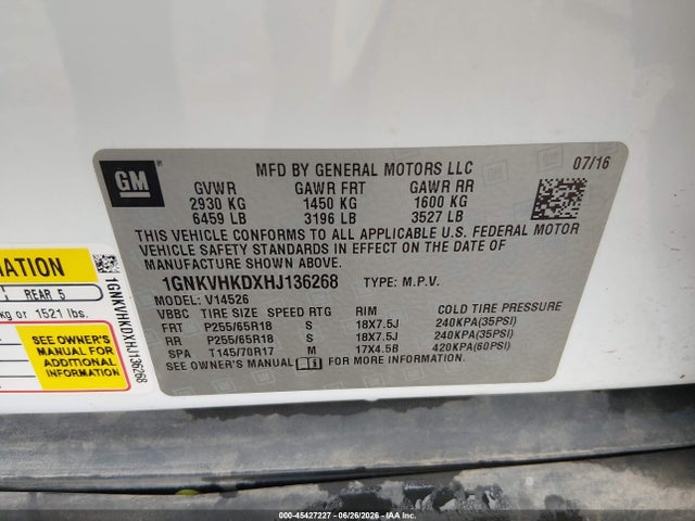 Chevrolet Traverse 2lt 2017 1GNKVHKDXHJ136268 Image 9