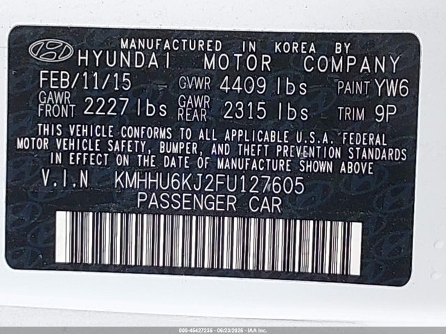 Aukcja sprzedaży 2015 Hyundai Genesis 3.8 Ultimate, vin: KMHHU6KJ2FU127605, numer aukcji: 45427236