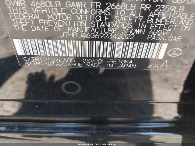 Продажа на аукционе авто 2009 Lexus Es 350, vin: JTHBJ46G692342022, номер лота: 45427264
