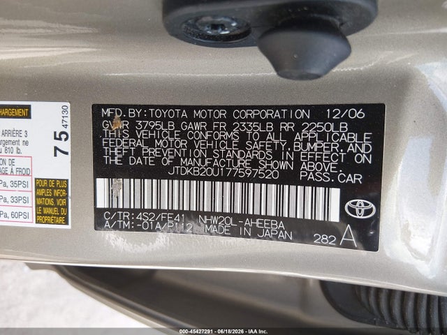 Auction sale of the 2007 Toyota Prius, vin: JTDKB20U177597520, lot number: 45427291