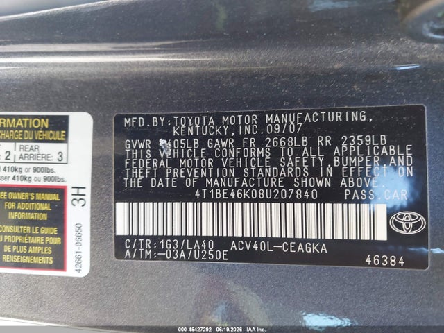 Auction sale of the 2008 Toyota Camry Xle, vin: 4T1BE46K08U207840, lot number: 45427292