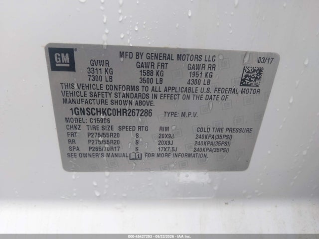 45427293 :رقم المزاد ، 1GNSCHKC0HR267286 vin ، 2017 Chevrolet Suburban Lt مزاد بيع