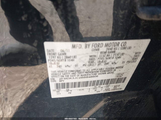 2011 Ford Edge Sel მანქანა იყიდება აუქციონზე, vin: 2FMDK3JC2BBB48606, აუქციონის ნომერი: 45427302