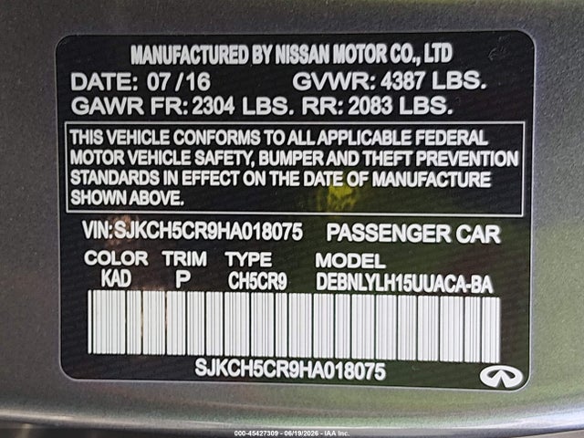 SJKCH5CR9HA018075 Infiniti Qx30 Premium