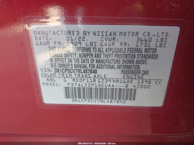 3N1CP5CV7NL487840 Nissan Kicks Sv Xtronic Cvt