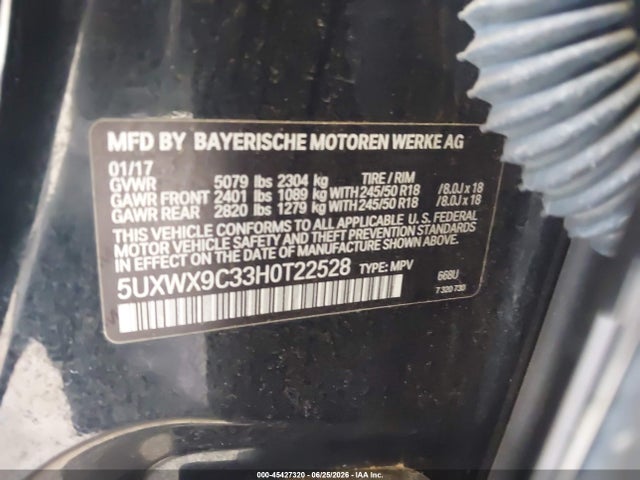 45427320 :رقم المزاد ، 5UXWX9C33H0T22528 vin ، 2017 Bmw X3 Xdrive28i مزاد بيع