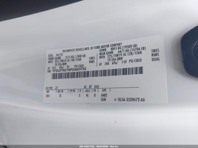 45427340 :رقم المزاد ، 1FDUF5GT0PDA03752 vin ، 2023 Ford F-550 Chassis Xl/xlt مزاد بيع