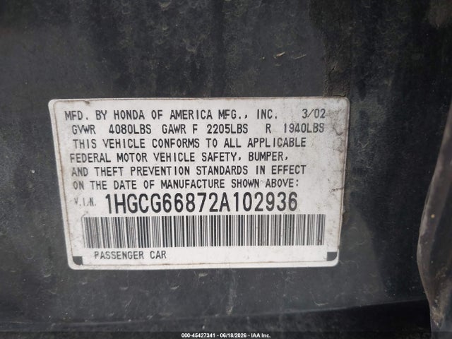 Продаж на аукціоні авто 2002 Honda Accord 2.3 Ex/2.3 Se, vin: 1HGCG66872A102936, номер лоту: 45427341