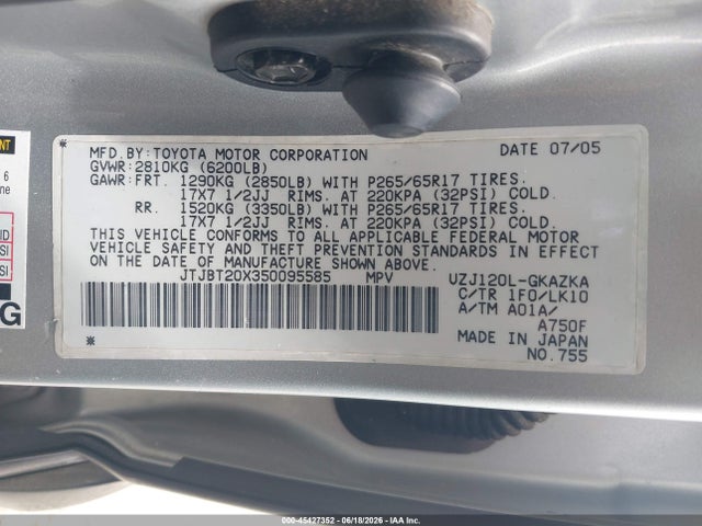 2005 Lexus Gx 470 მანქანა იყიდება აუქციონზე, vin: JTJBT20X350095585, აუქციონის ნომერი: 45427352
