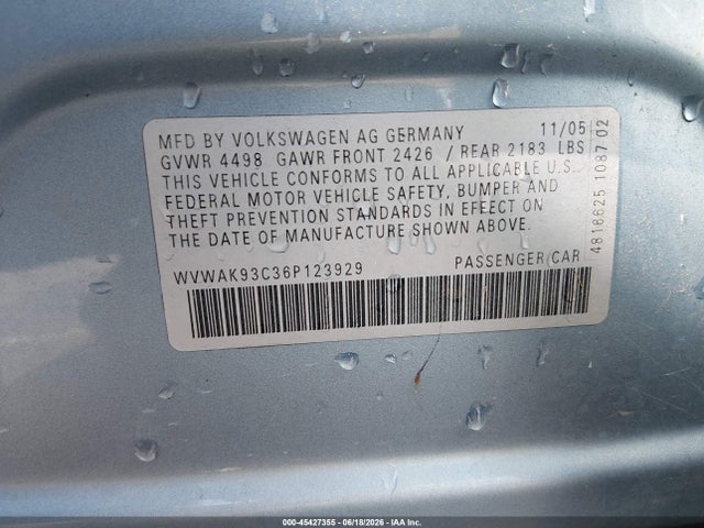 Продаж на аукціоні авто 2006 Volkswagen Passat 2.0t/value Edition, vin: WVWAK93C36P123929, номер лоту: 45427355