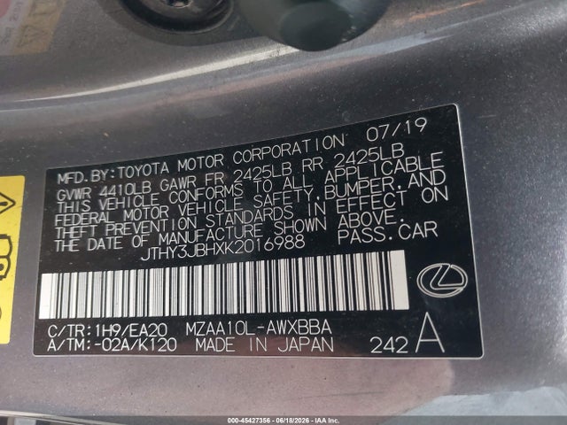 Aukcja sprzedaży 2019 Lexus Ux 200, vin: JTHY3JBHXK2016988, numer aukcji: 45427356
