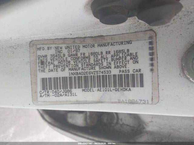 1997 Toyota Corolla Ce მანქანა იყიდება აუქციონზე, vin: 1NXBA02E6VZ574533, აუქციონის ნომერი: 45427367