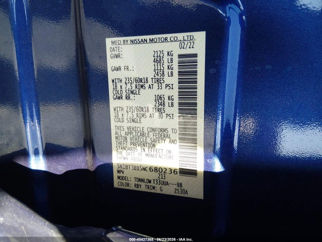 2022 Nissan Rogue Sv Intelligent Awd მანქანა იყიდება აუქციონზე, vin: 5N1BT3BB5NC680236, აუქციონის ნომერი: 45427368