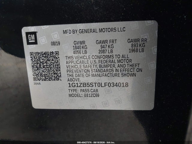 2020 Chevrolet Malibu Fwd Ls მანქანა იყიდება აუქციონზე, vin: 1G1ZB5ST0LF034018, აუქციონის ნომერი: 45427376