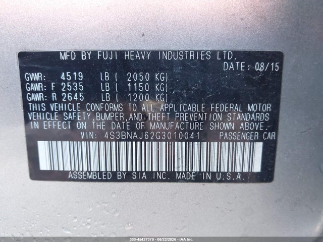 45427379 :رقم المزاد ، 4S3BNAJ62G3010041 vin ، 2016 Subaru Legacy 2.5i Limited مزاد بيع