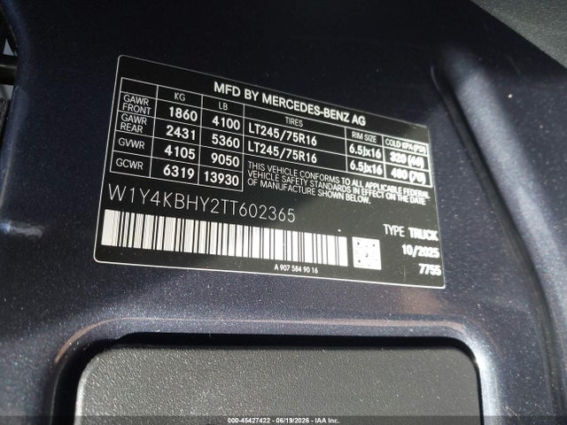 45427422 :رقم المزاد ، W1Y4KBHY2TT602365 vin ، 2026 Mercedes-benz Sprinter 2500 Standard Roof 4-cyl Diesel مزاد بيع