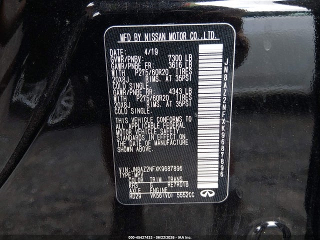 Продажа на аукционе авто 2019 Infiniti Qx80 Luxe, vin: JN8AZ2NFXK9687896, номер лота: 45427433