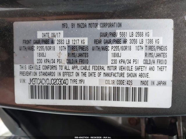 Aukcja sprzedaży 2018 Mazda Cx-9 Touring, vin: JM3TCACY0J0203040, numer aukcji: 45427434