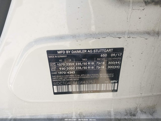 Aukcja sprzedaży 2018 Mercedes-benz Gla 250, vin: WDCTG4EB4JJ443252, numer aukcji: 45427461