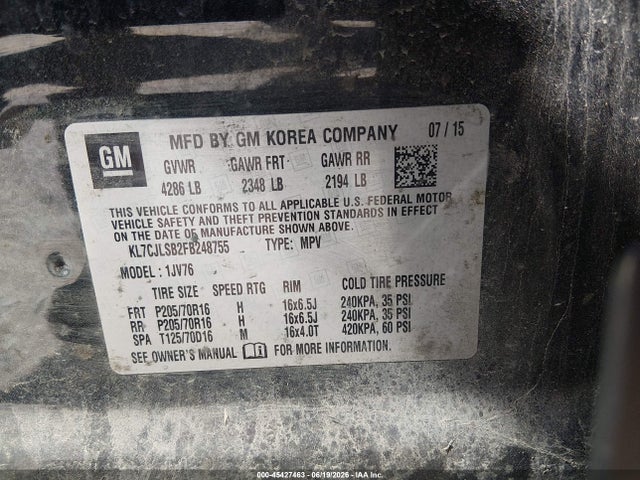 45427463 :رقم المزاد ، KL7CJLSB2FB248755 vin ، 2015 Chevrolet Trax Lt مزاد بيع