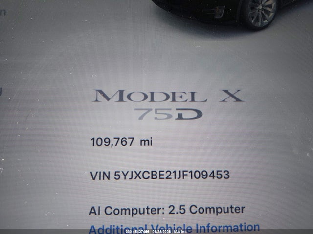 2018 Tesla Model X 100d/75d/p100d მანქანა იყიდება აუქციონზე, vin: 5YJXCBE21JF109453, აუქციონის ნომერი: 45427466