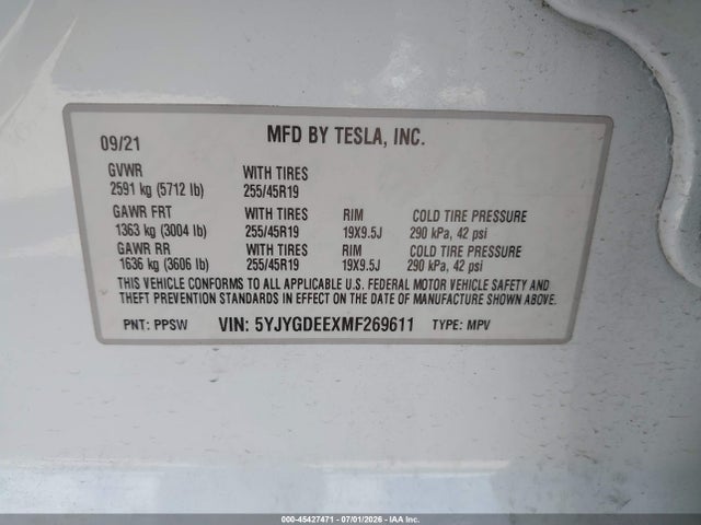 2021 Tesla Model Y Long Range Dual Motor All-wheel Drive მანქანა იყიდება აუქციონზე, vin: 5YJYGDEEXMF269611, აუქციონის ნომერი: 45427471