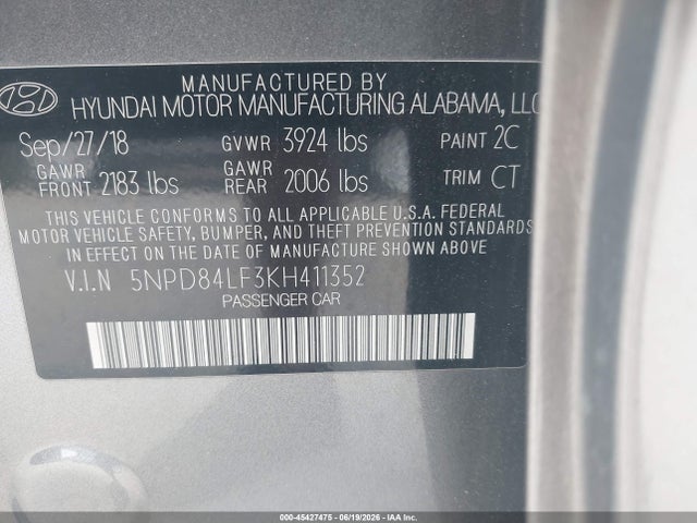 Продажа на аукционе авто 2019 Hyundai Elantra Limited, vin: 5NPD84LF3KH411352, номер лота: 45427475