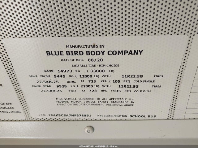 Blue Bird School Bus / Transit Bus 2022 1BAKBCSA7NF378891 Image 9