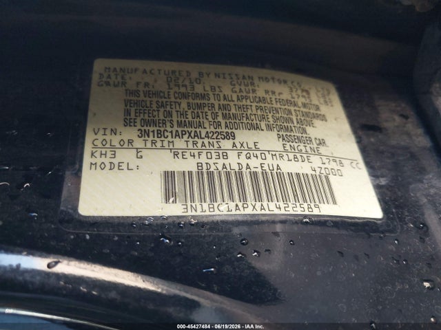Aukcja sprzedaży 2010 Nissan Versa 1.8s, vin: 3N1BC1APXAL422589, numer aukcji: 45427484