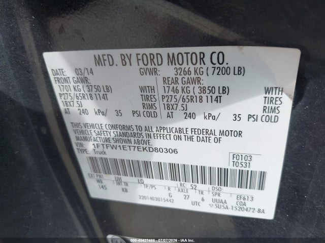 45427488 :رقم المزاد ، 1FTFW1ET7EKD80306 vin ، 2014 Ford F-150 King Ranch مزاد بيع