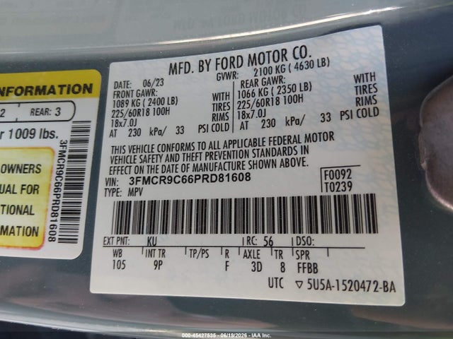 Продажа на аукционе авто 2023 Ford Bronco Sport Outer Banks, vin: 3FMCR9C66PRD81608, номер лота: 45427535