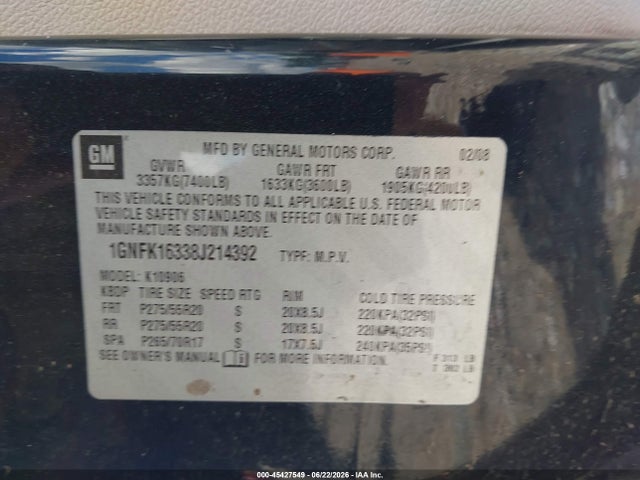 Aukcja sprzedaży 2008 Chevrolet Suburban 1500 Ltz, vin: 1GNFK16338J214392, numer aukcji: 45427549