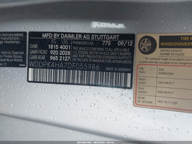 45427560 :رقم المزاد ، WDDPK4HA7DF055986 vin ، 2013 Mercedes-benz Slk 250 مزاد بيع